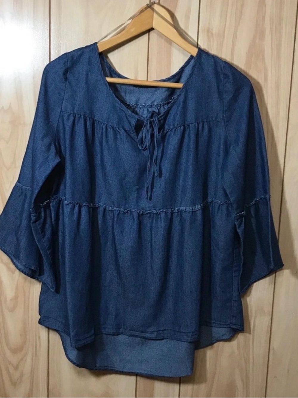 Robert Louis Indigo Denim Tie-Front Peasant Tunic Top Shirt Boho Hippie NWOT